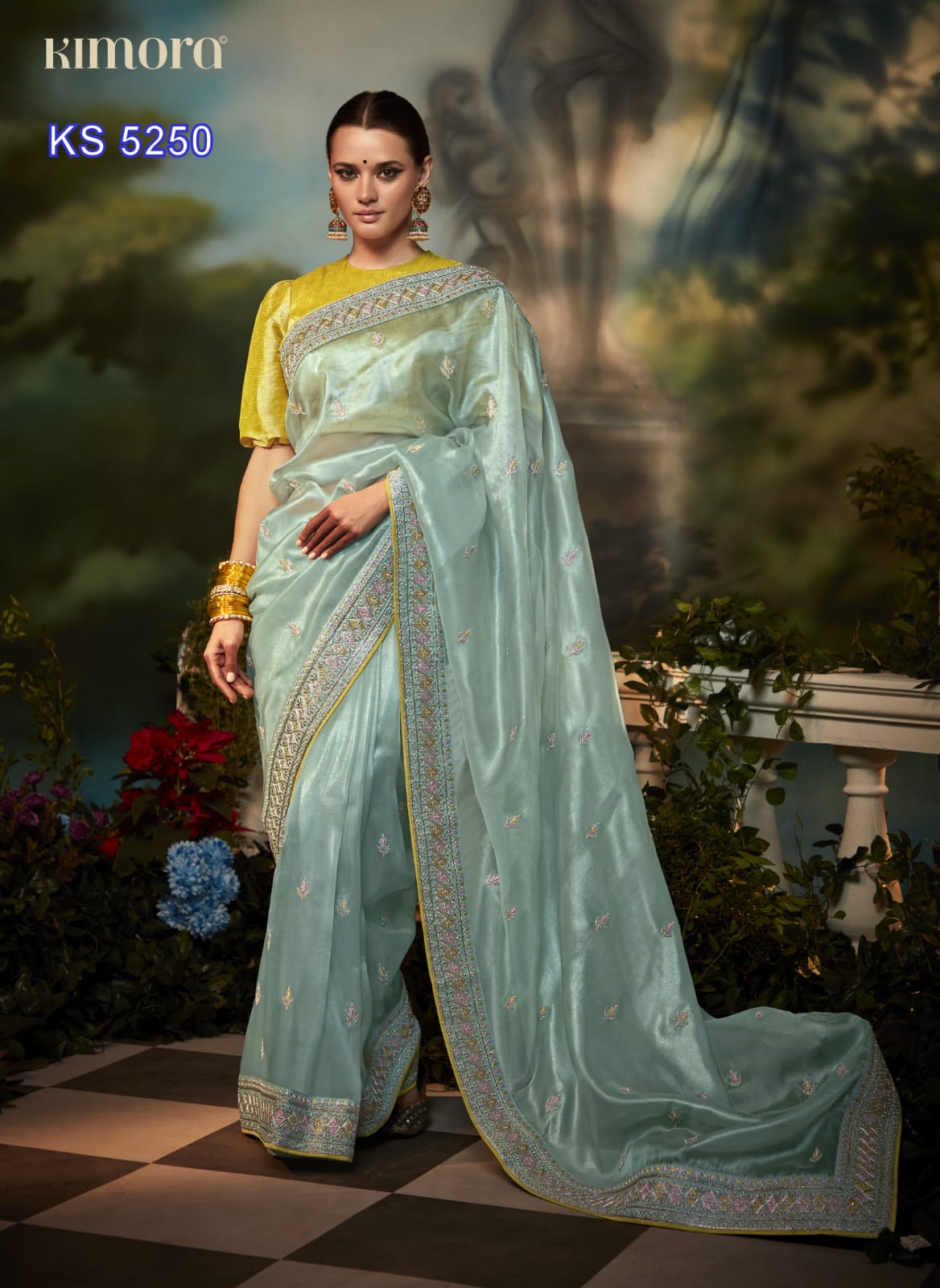 Cyan Blue Organza silk saree