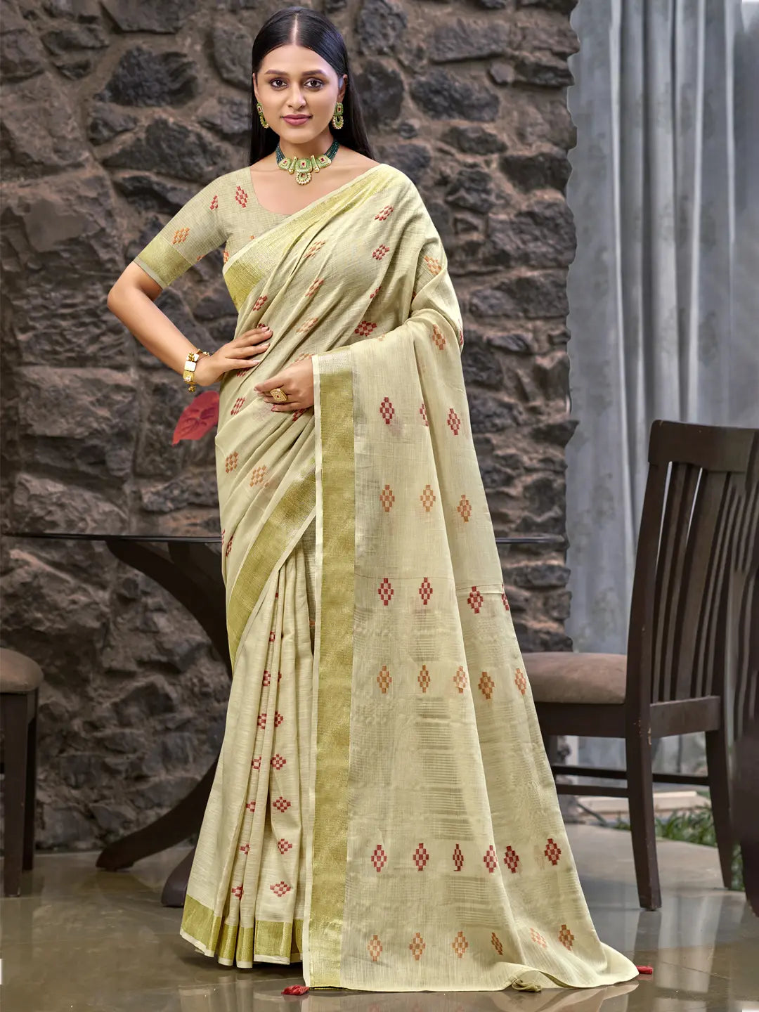 Buy Cream Linen Saree Online