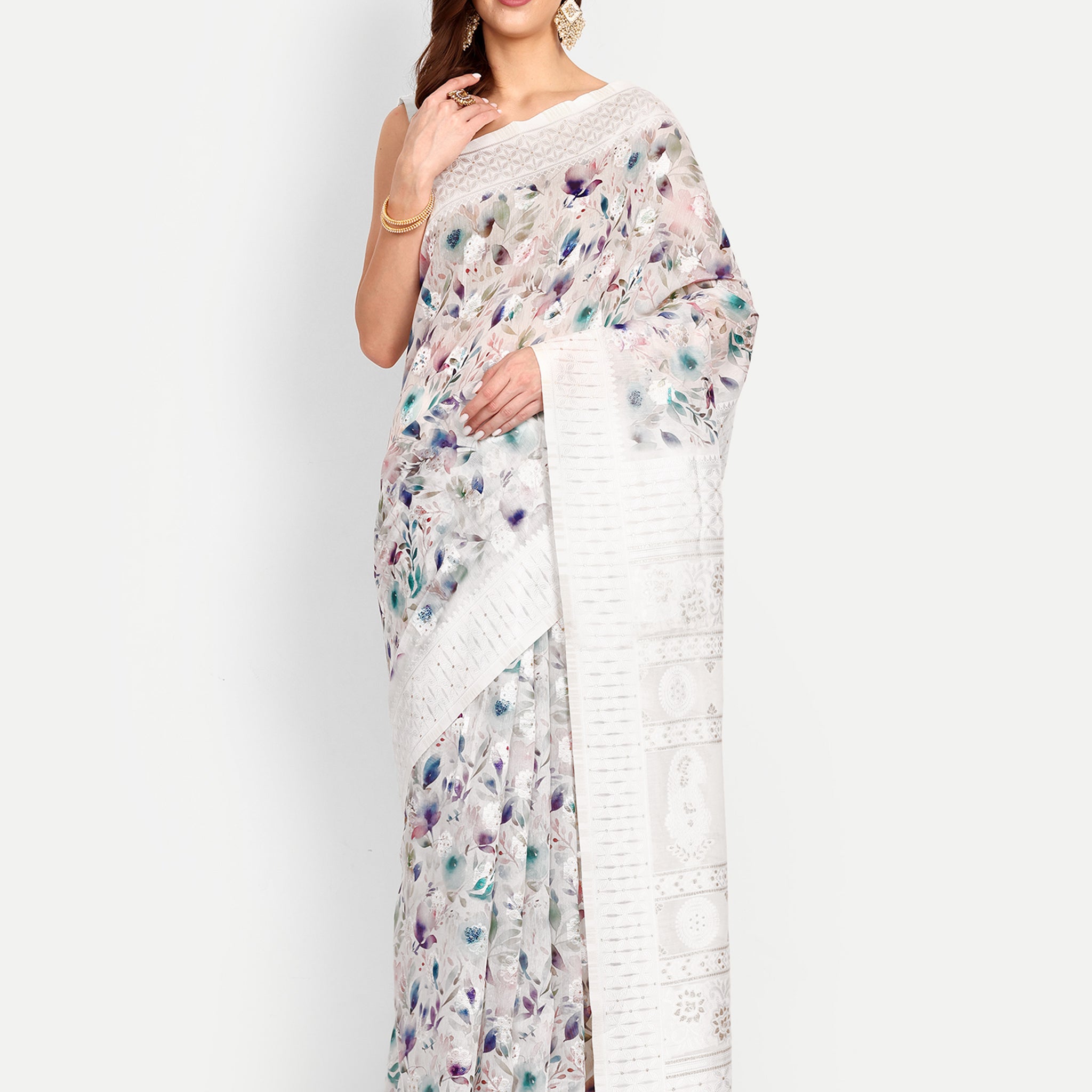 White Floral Cotton Saree