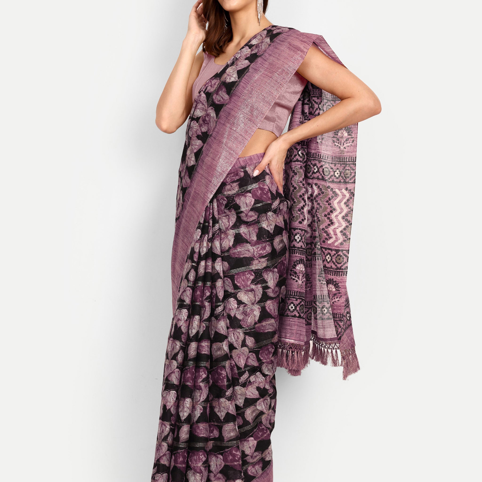 Black Floral Printed Linen Saree