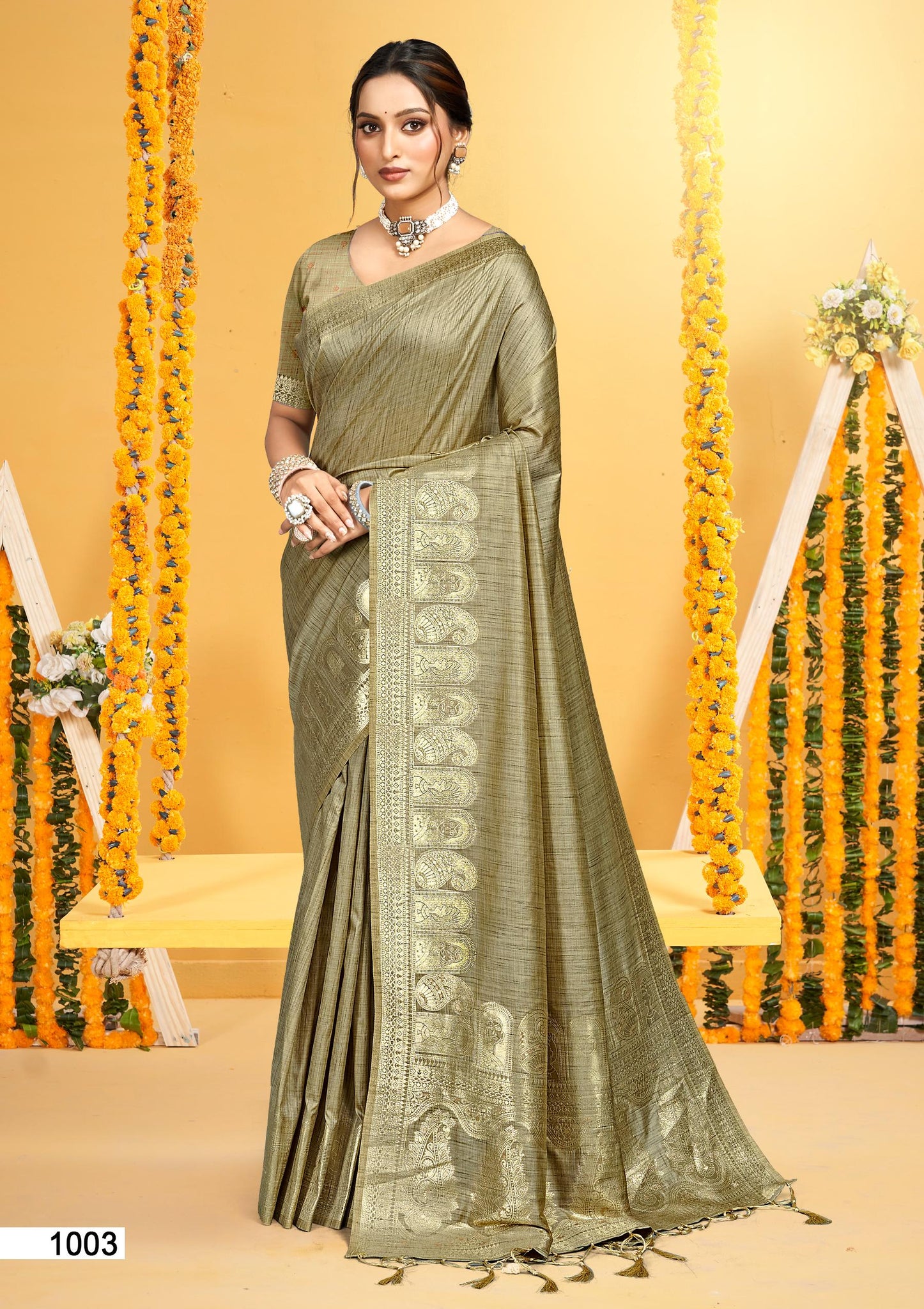 Olive Green Assam Silk Saree