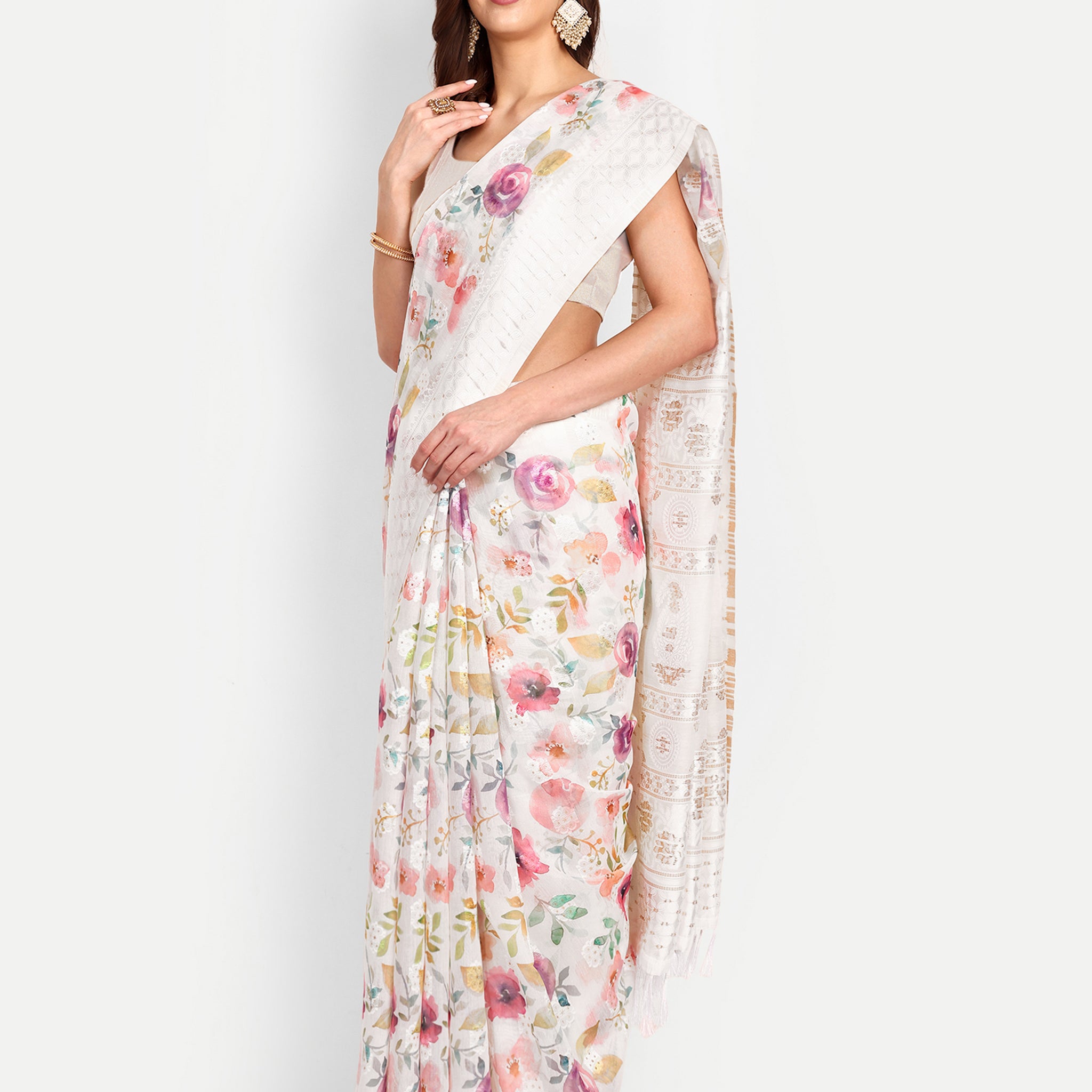 White Floral Cotton Saree