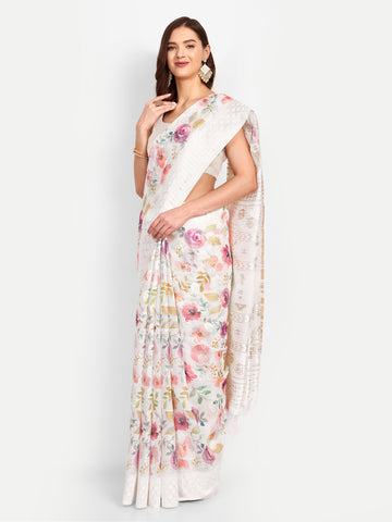 White Floral Cotton Saree