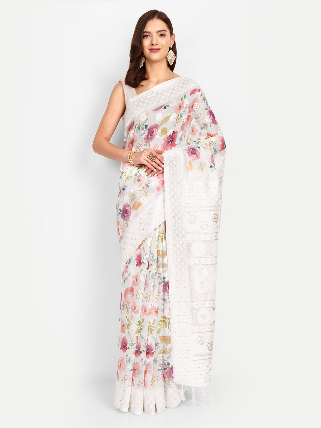 White Floral Cotton Saree