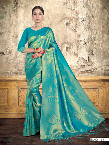 Teal Blue Kanjivaram Raw Silk Saree