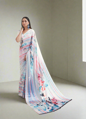 Raj Laxmi White Digital Printed Silk Saree