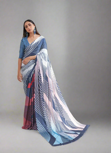 Blue & White Digital Printed Silk Saree