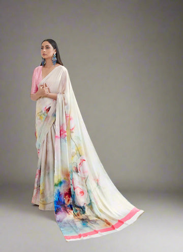 Off White Digital Printed Silk Saree