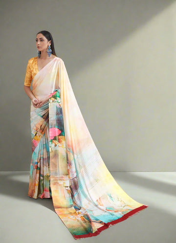 Off White Digital Printed Silk Saree