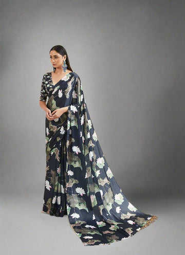 Black Digital Printed Silk Saree