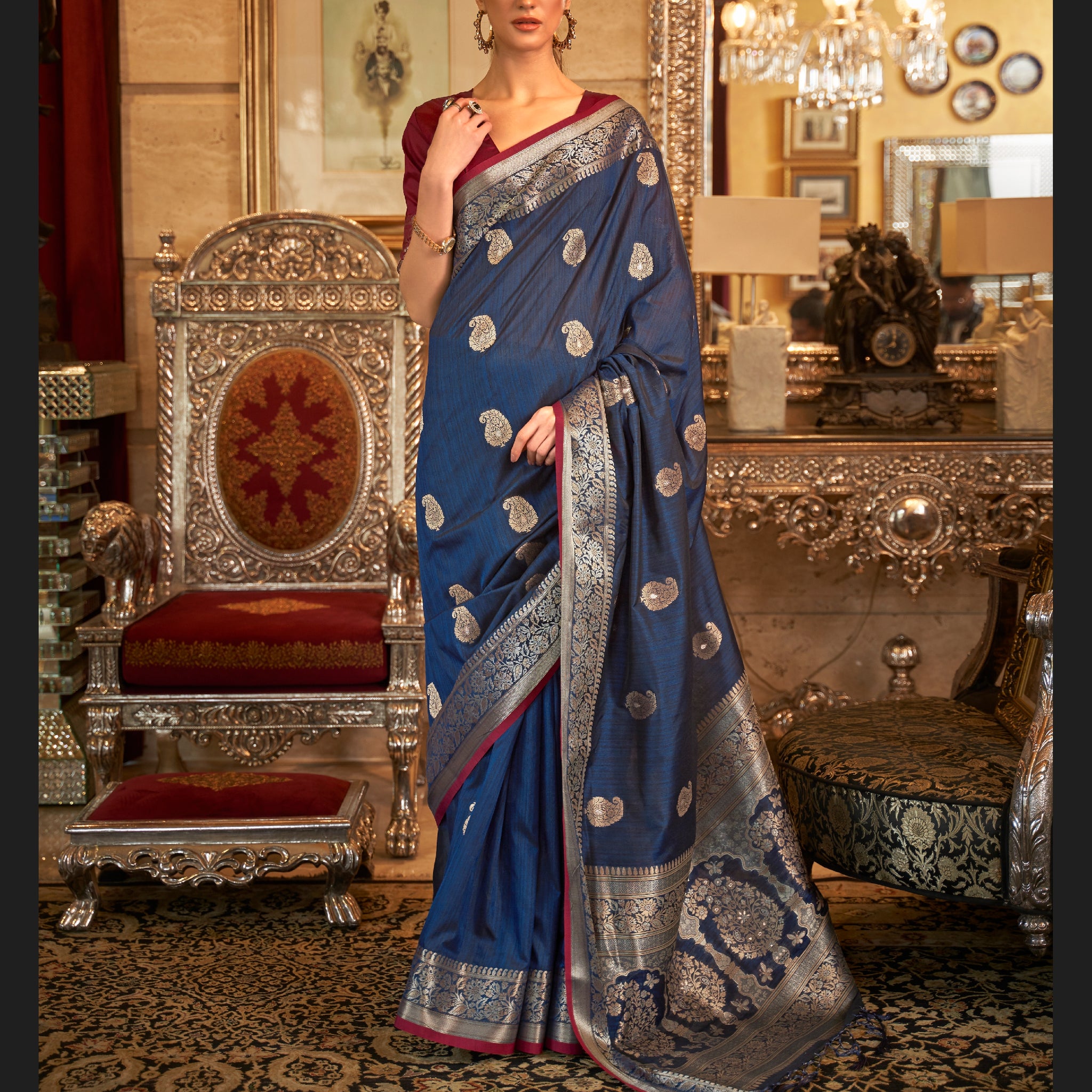 Raj Laxmi Yale Blue Tessar Silk Handloom Weaving Saree