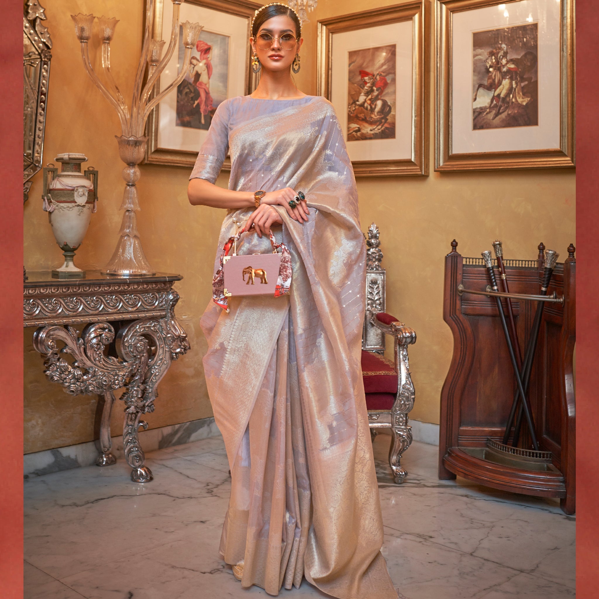 Raj Laxmi Stone Gray Modal Sequins Valus Added Silk Saree