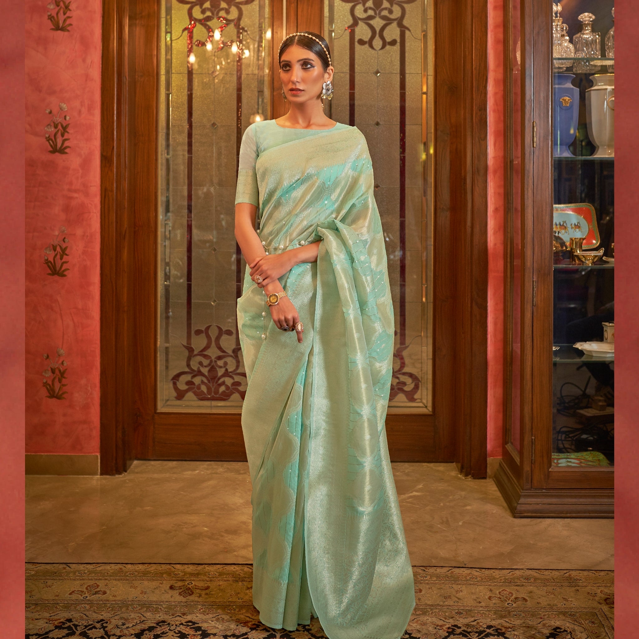 Raj Laxmi Cyan Green Modal Sequins Valus Added Silk Saree