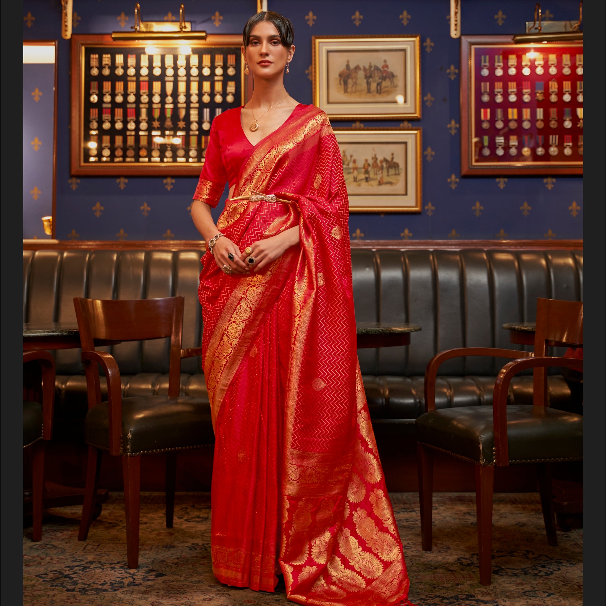 Raj Laxmi Red Pure Satin Weaving Silk Saree