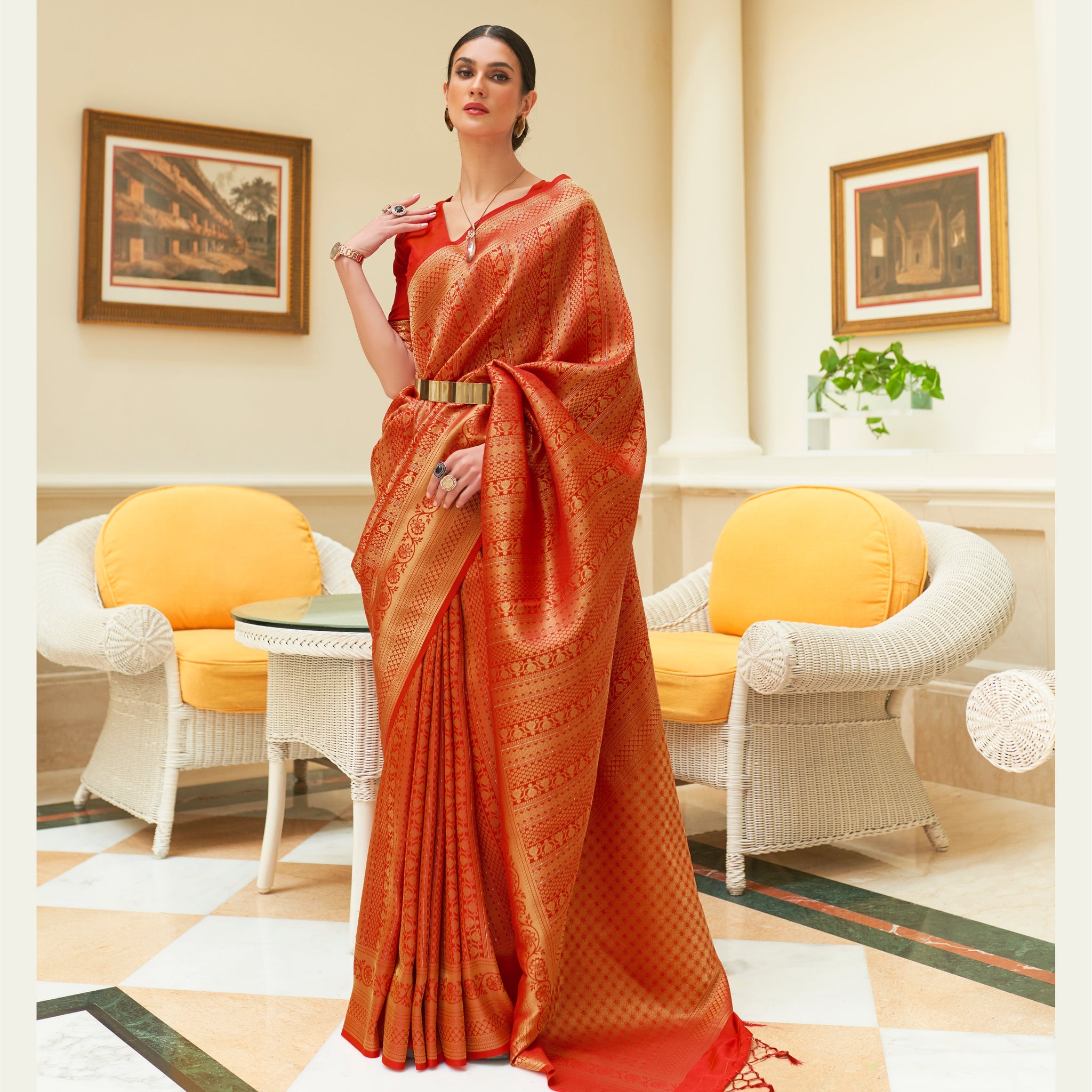 Raj Laxmi Orange Sequins Handloom Weaving Saree