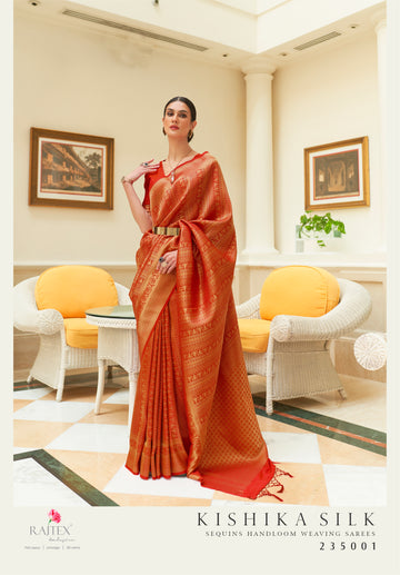 Raj Laxmi Orange Sequins Handloom Weaving Saree