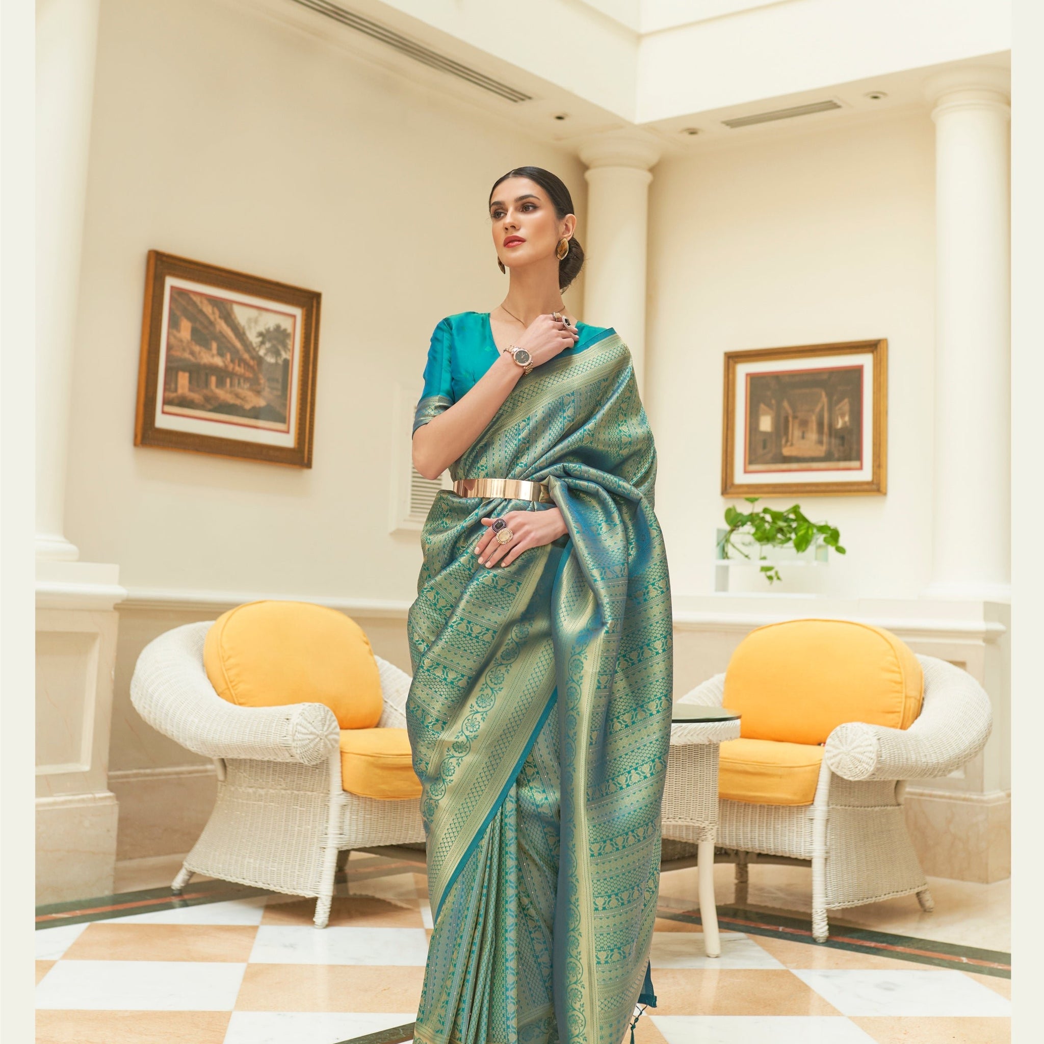 Blue Sequins Weaving Silk Saree