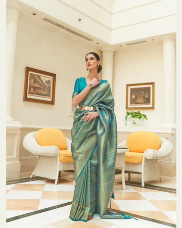 Blue Sequins Weaving Silk Saree