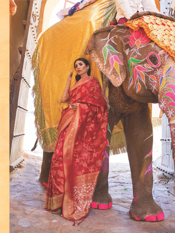 Red Sequins Weaving Silk Saree