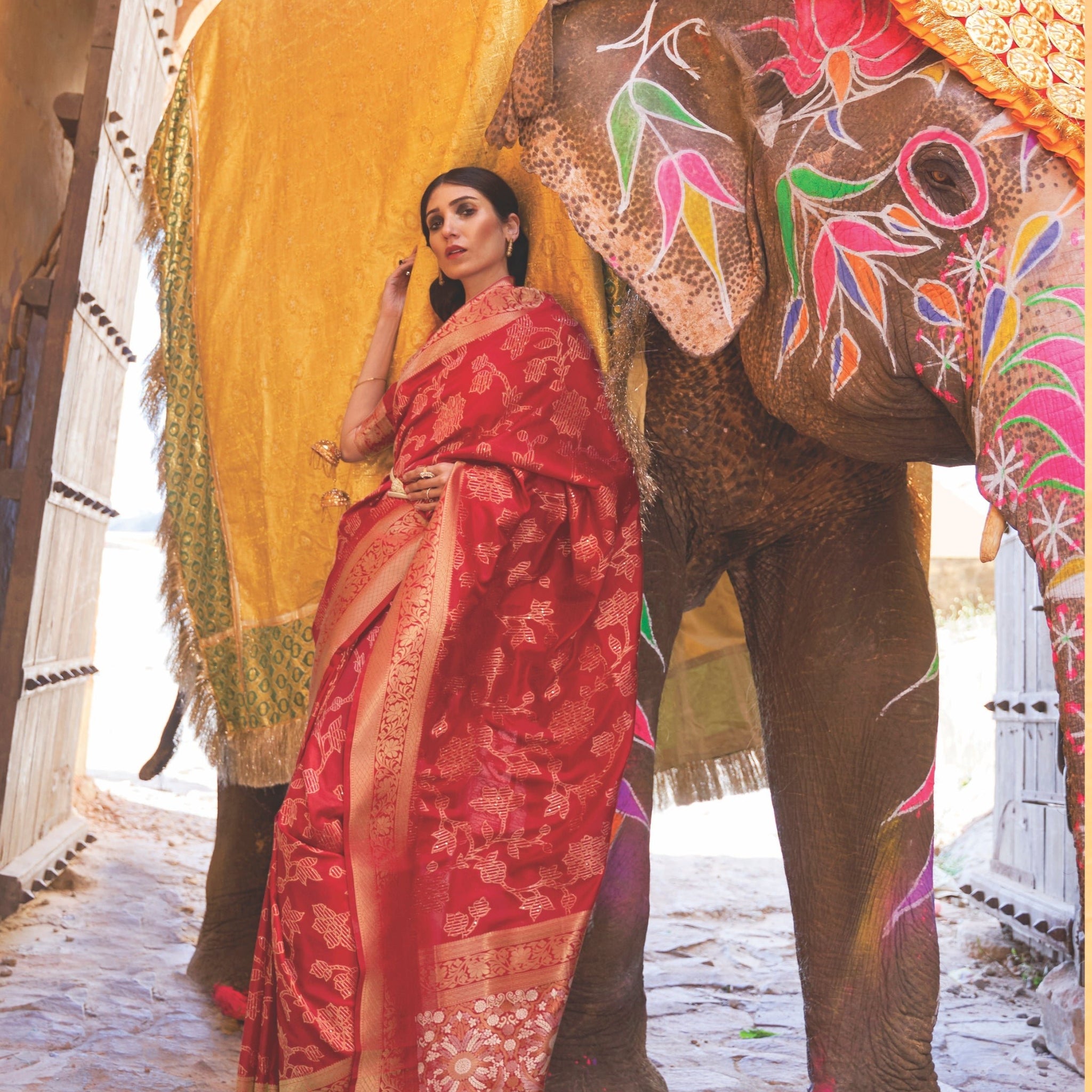 Red Sequins Weaving Silk Saree