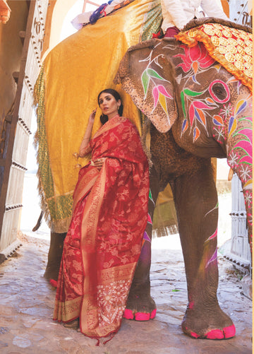 Red Sequins Weaving Silk Saree