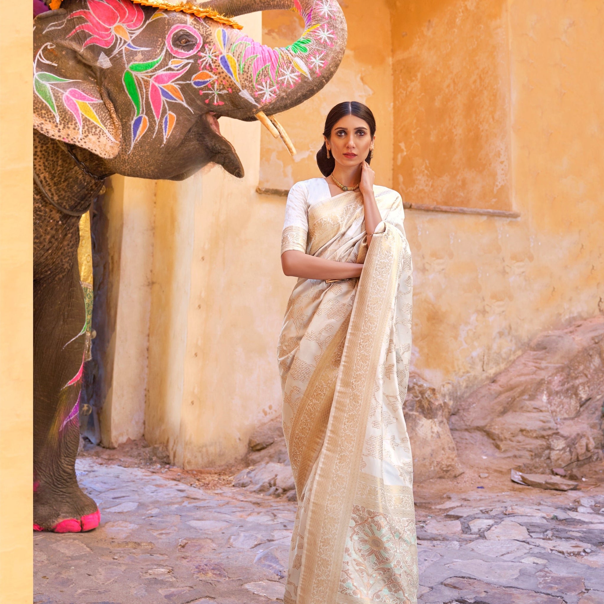 White Sequins Weaving Silk Saree