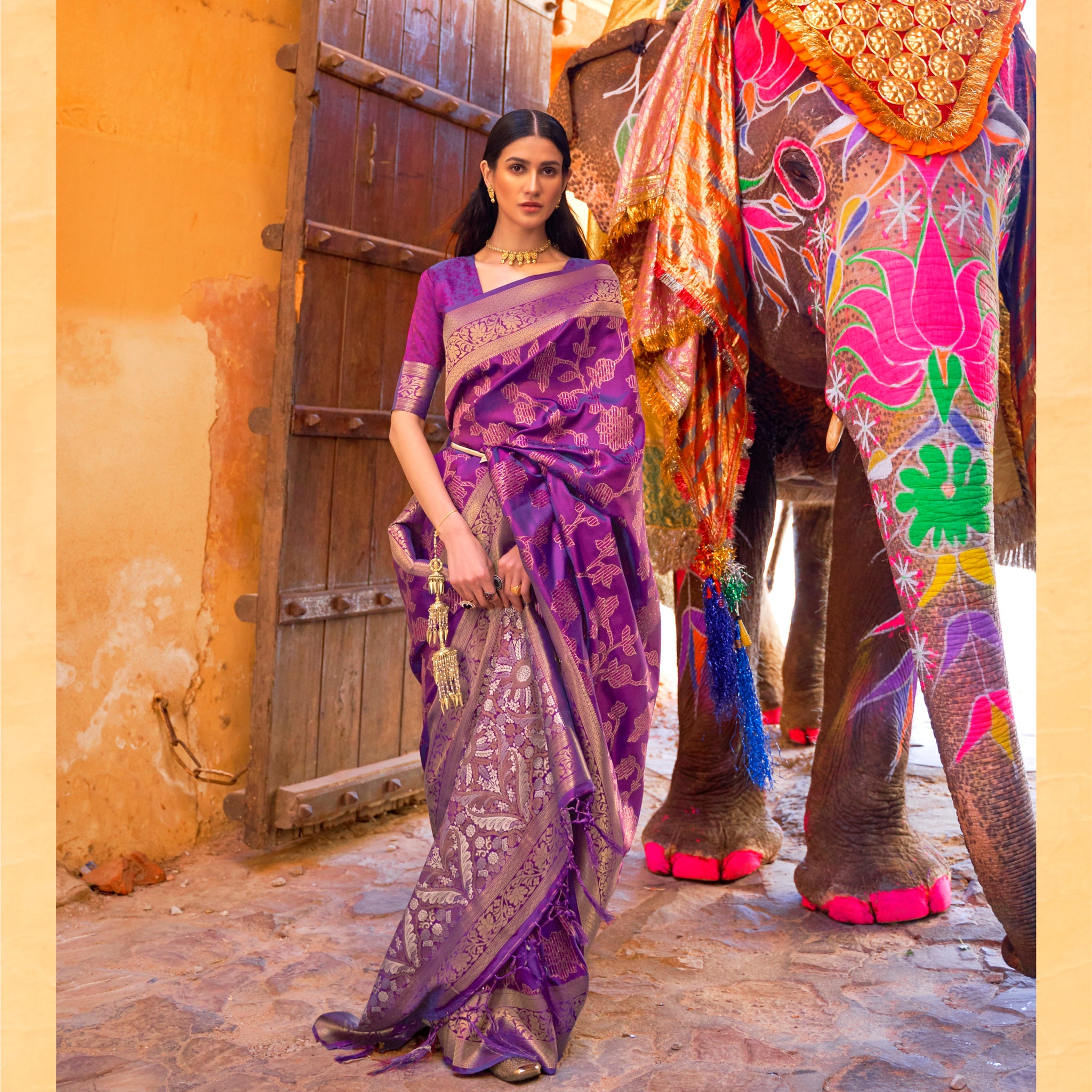 Grape Violet Sequins Weaving Silk Saree