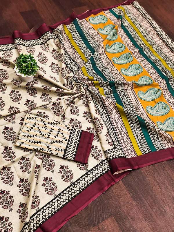 Maroon Ajrakh Design Mulmul Cotton Saree