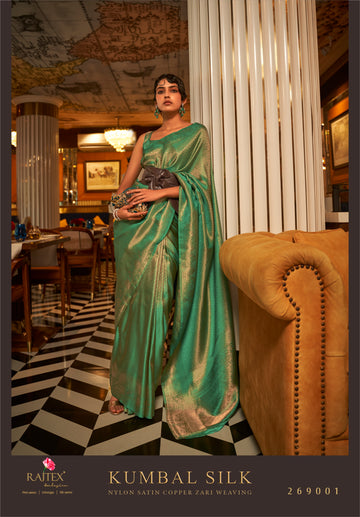 Raj Laxmi Green  Nylon Satin Copper Zari Weaving Saree