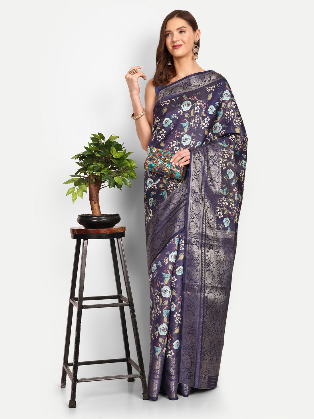 Navy Blue Banarasi Silk Saree