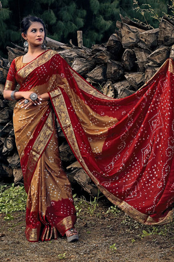 Bandhani Villa Brown Art Silk Jaquard Saree