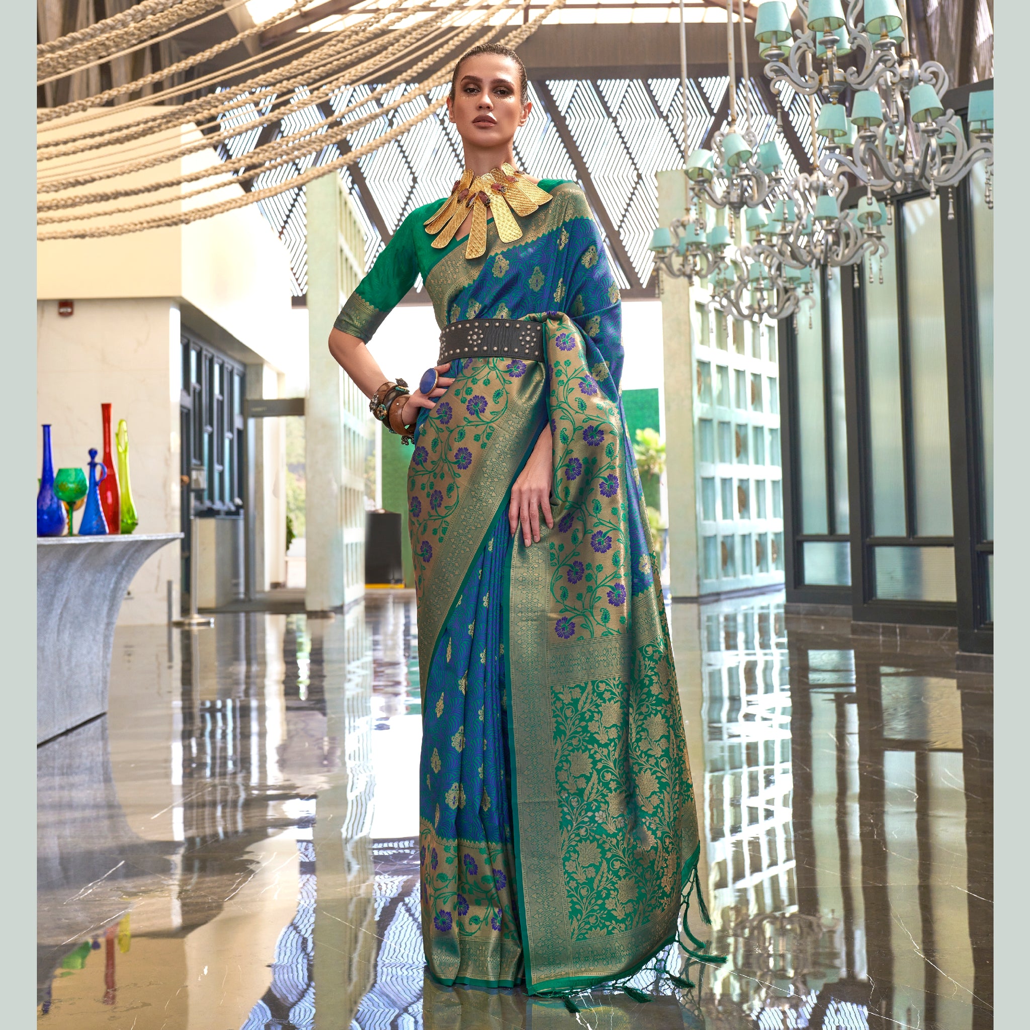 Raj Laxmi Cyan Blue Self Contrast Handloom Weaving Saree