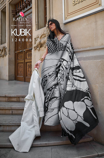 Gray Print Satin Crepe Saree