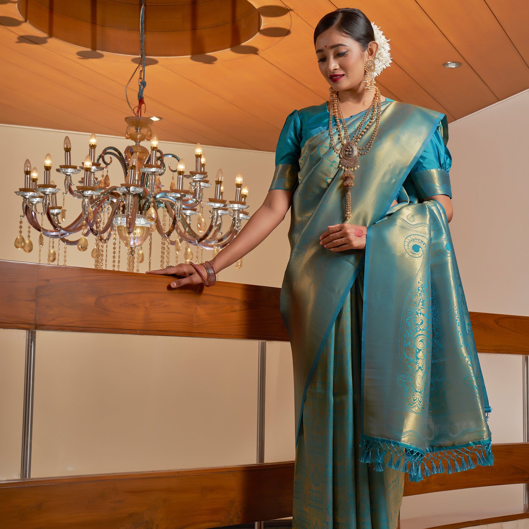 Teal Blue Kanjivaram Raw Silk Saree