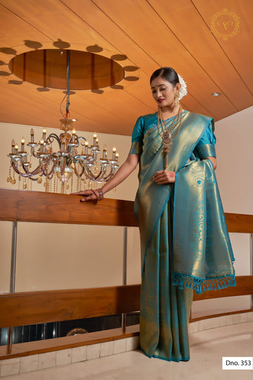 Teal Blue Kanjivaram Raw Silk Saree