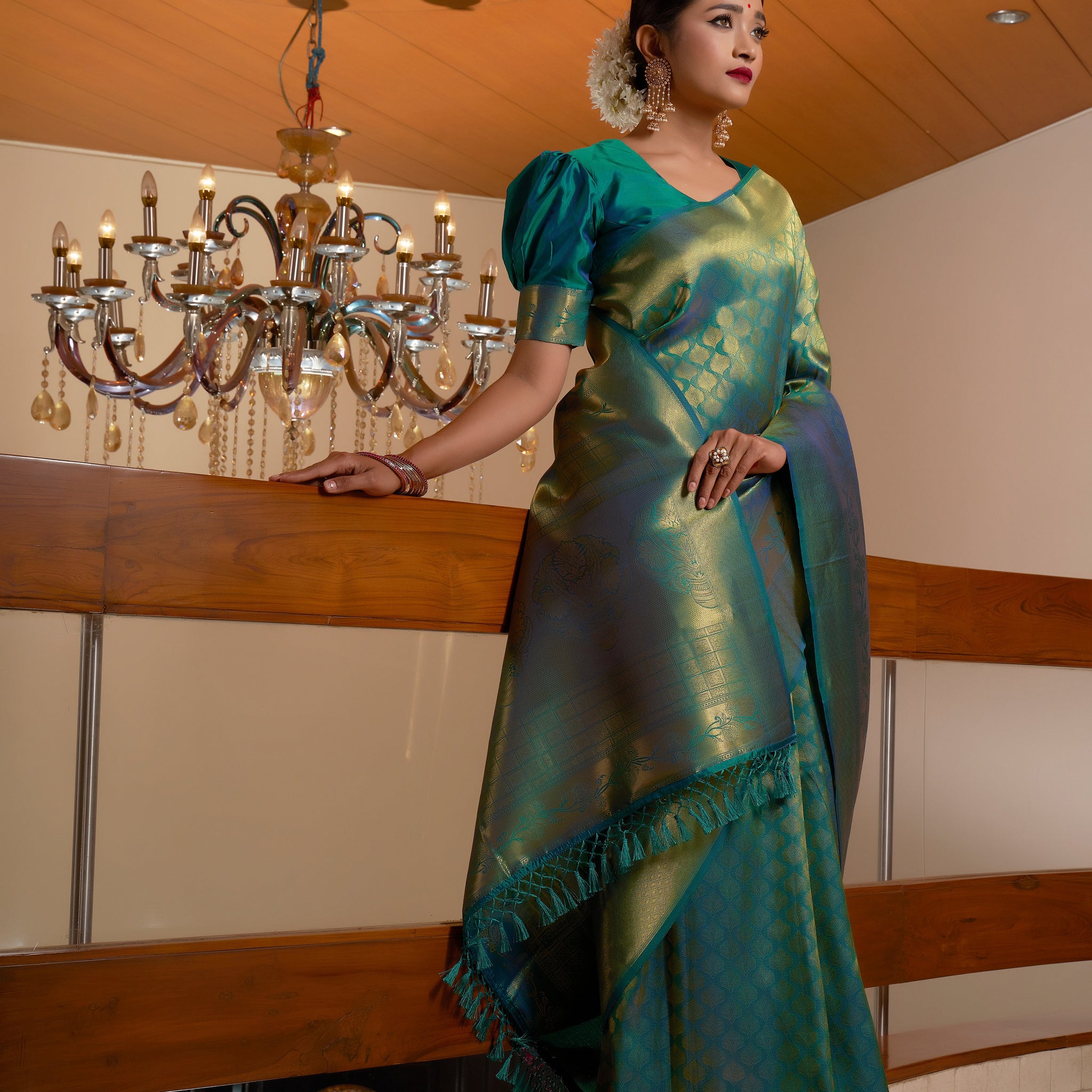 Teal Green Kanjivaram Raw Silk Saree