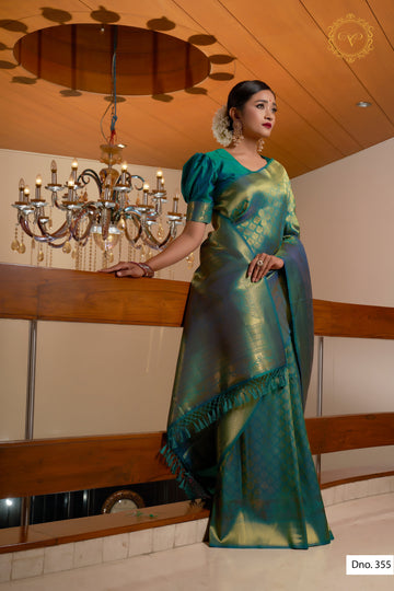 Teal Green Kanjivaram Raw Silk Saree