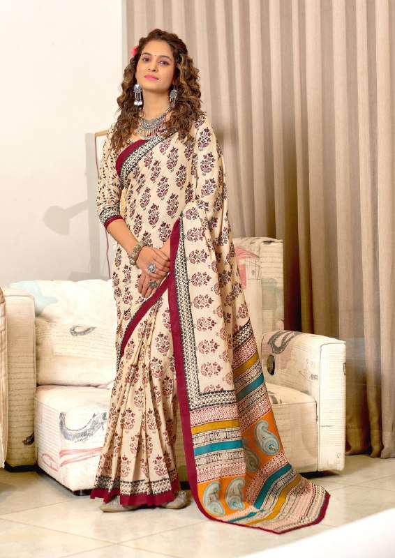 Maroon Ajrakh Design Mulmul Cotton Saree