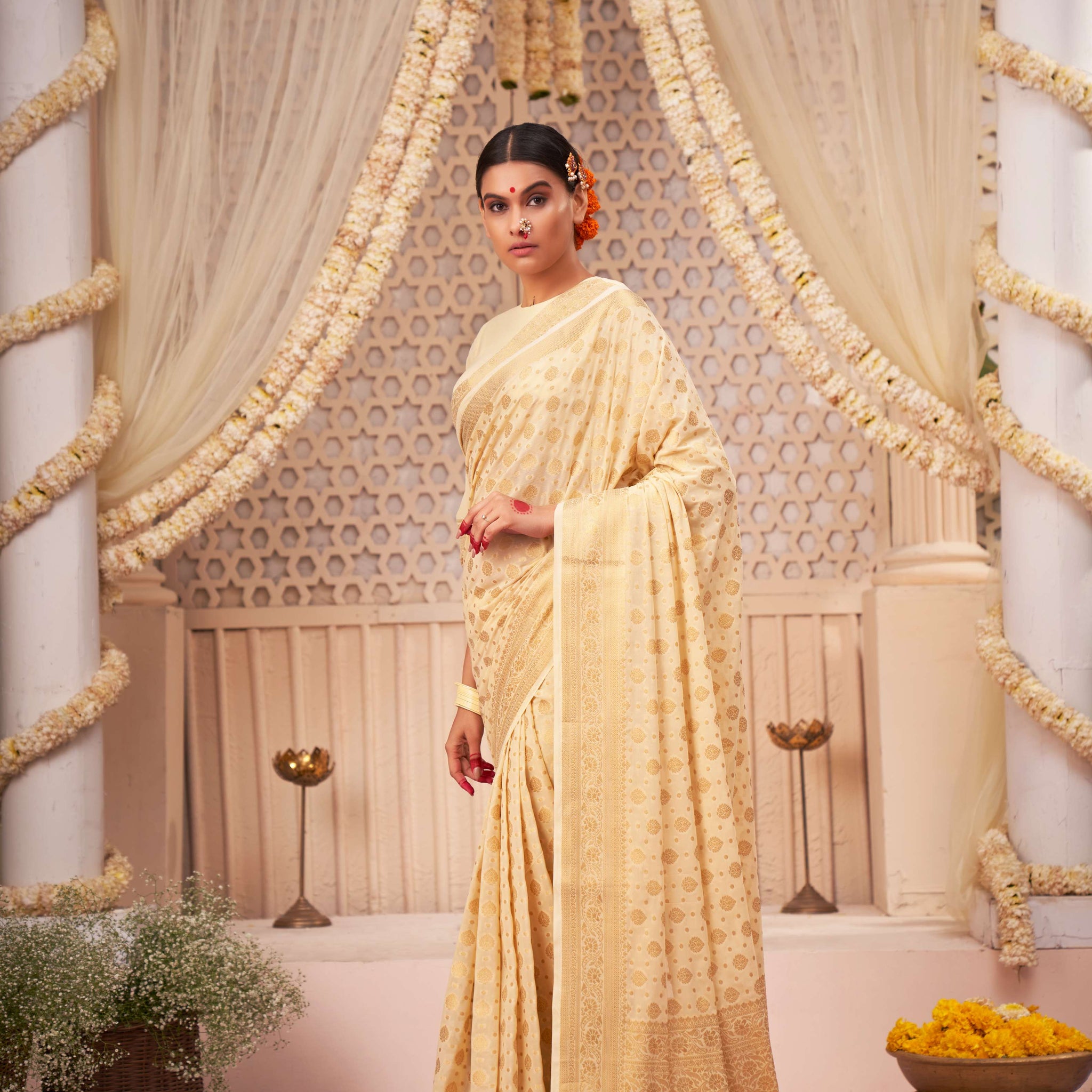 Off White Banarasi Georgette Saree