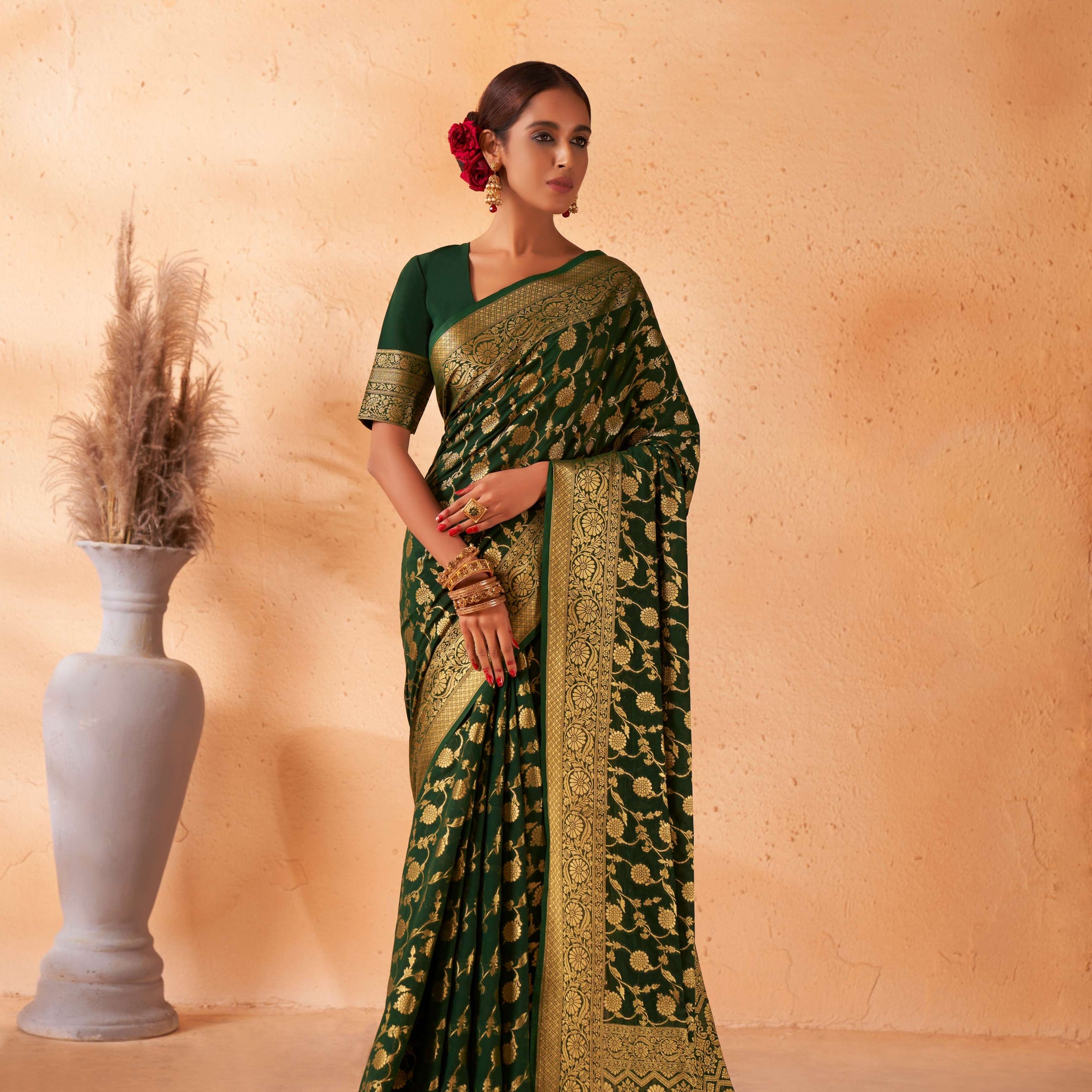 Dark Green Banarasi Georgette Saree