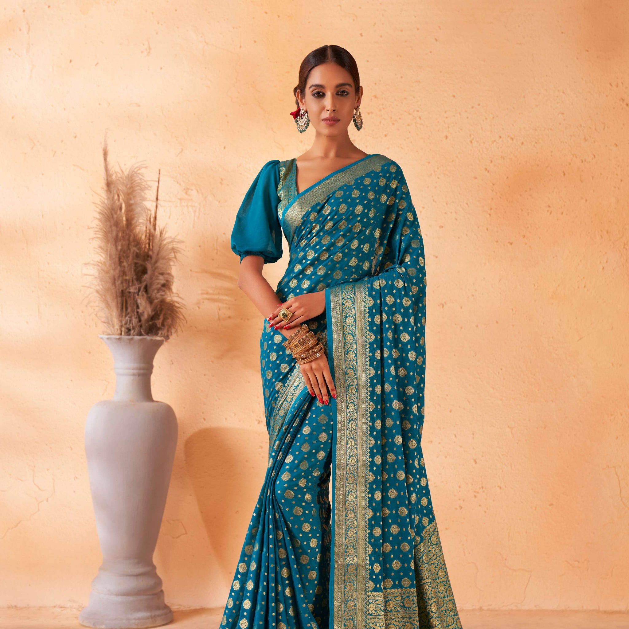 Teal Blue Banarasi Georgette Saree