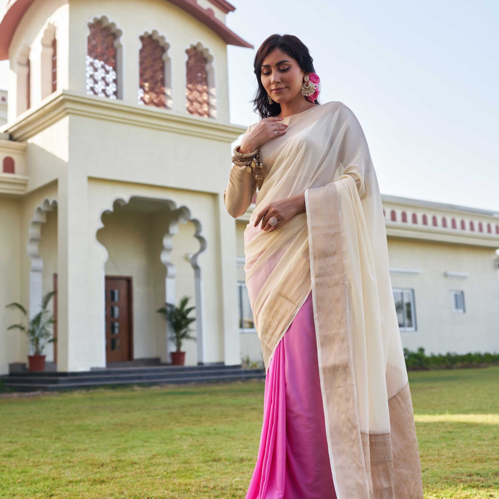 Off White & Pink Pure Georgette Saree