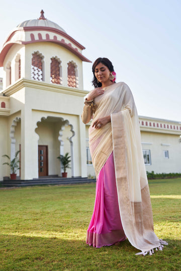 Off White & Pink Pure Georgette Saree