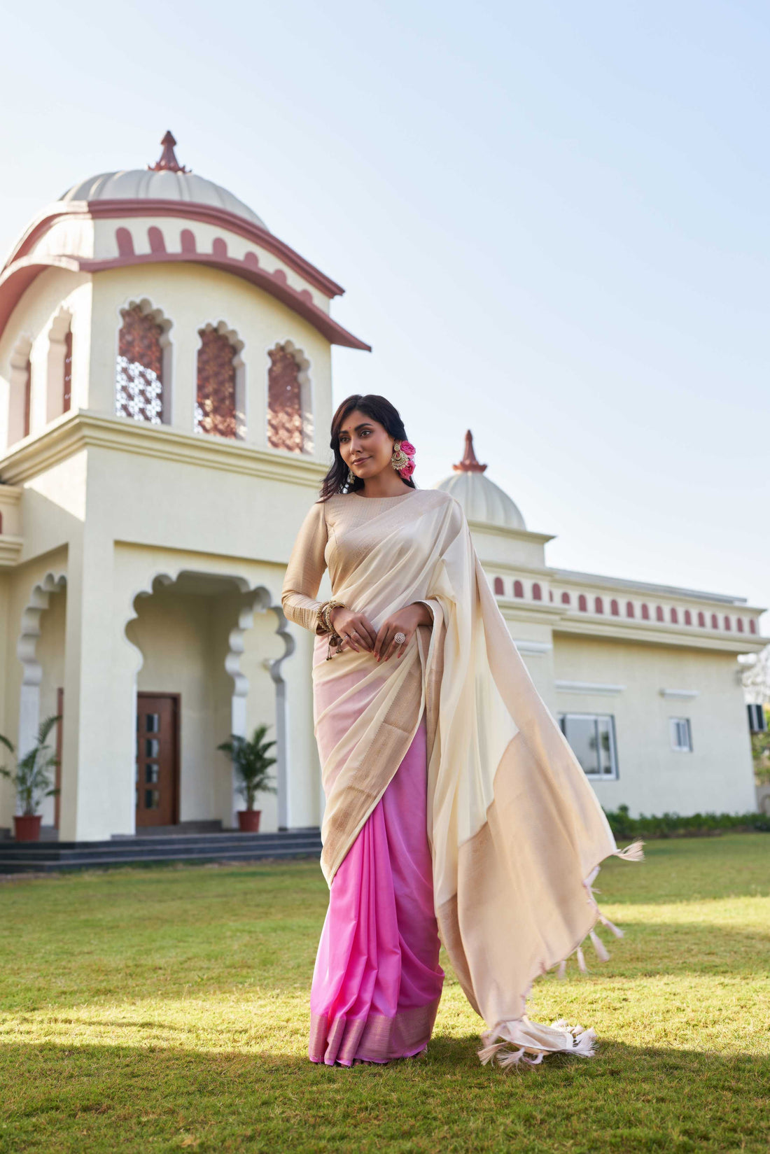 Off White & Pink Pure Georgette Saree