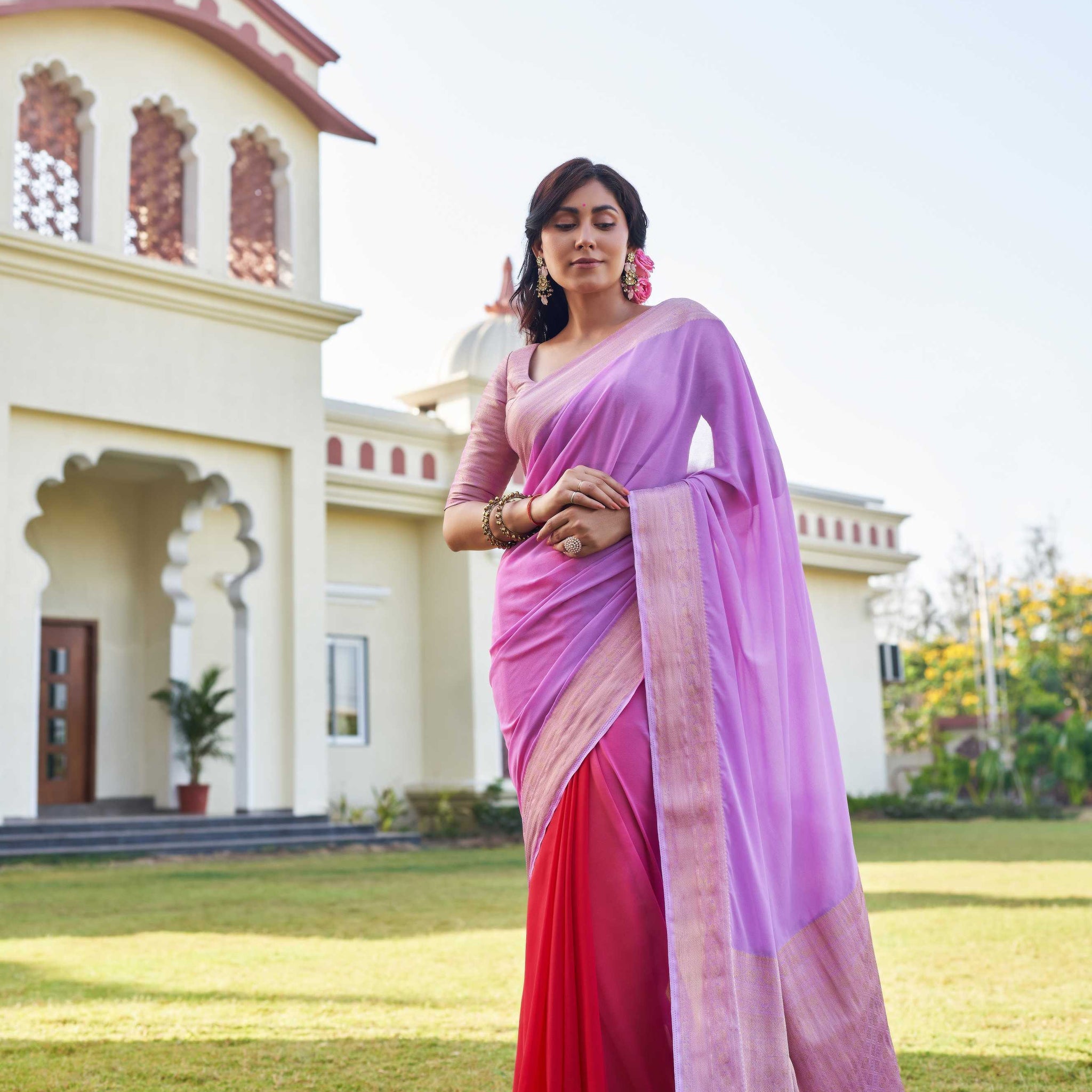 Lavender & Red Pure Georgette Saree