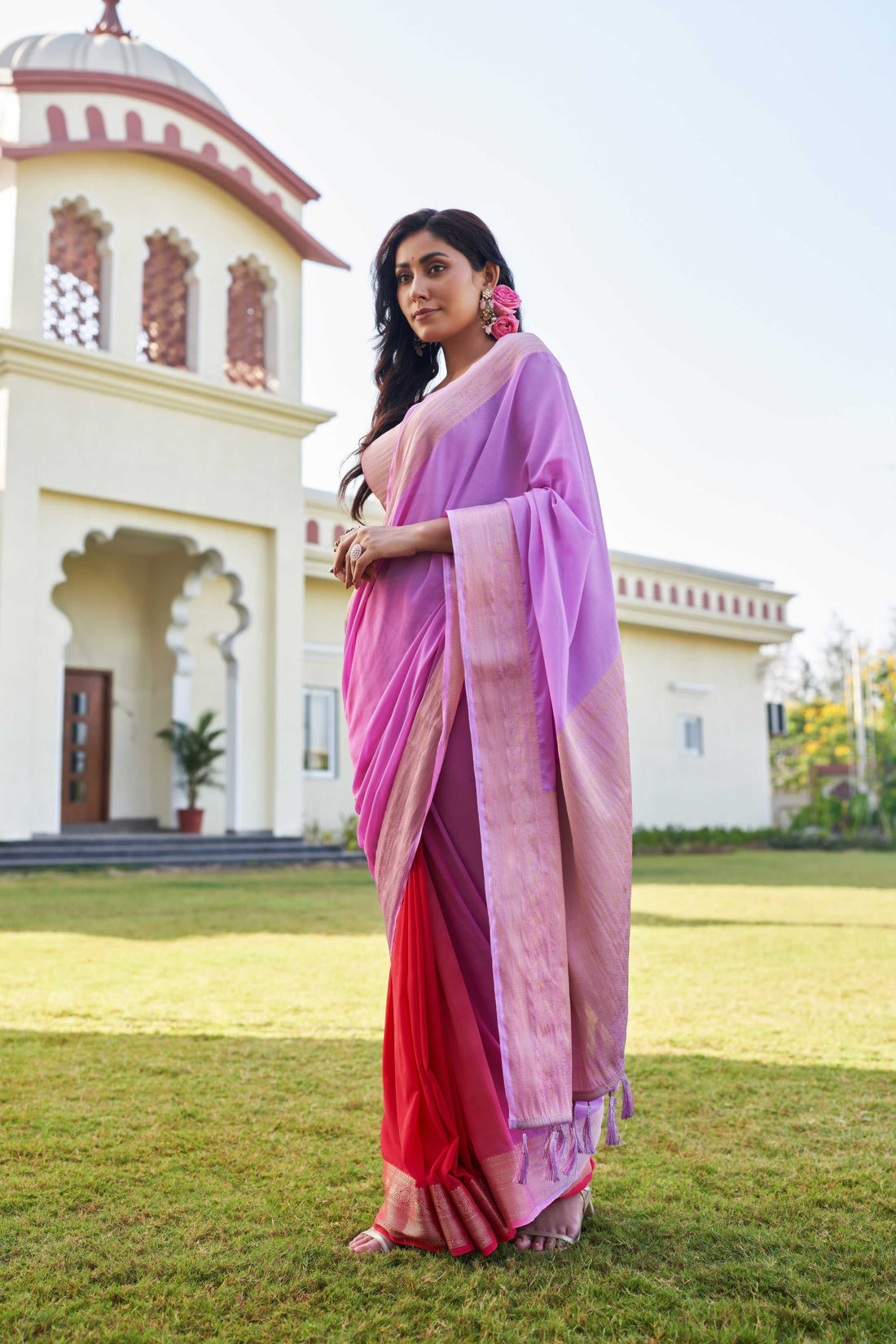 Lavender & Red Pure Georgette Saree