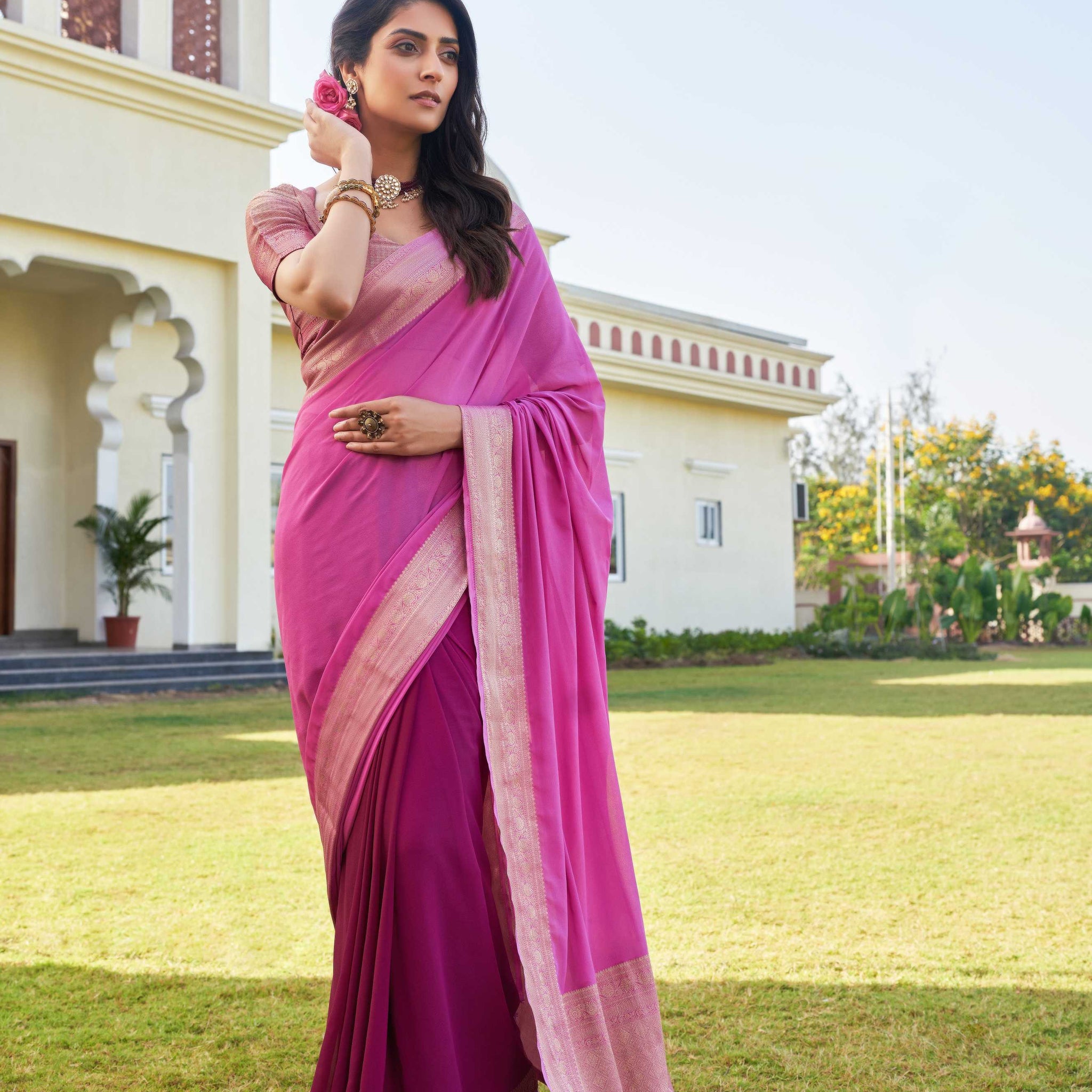 Pink & Wine Pure Georgette Saree