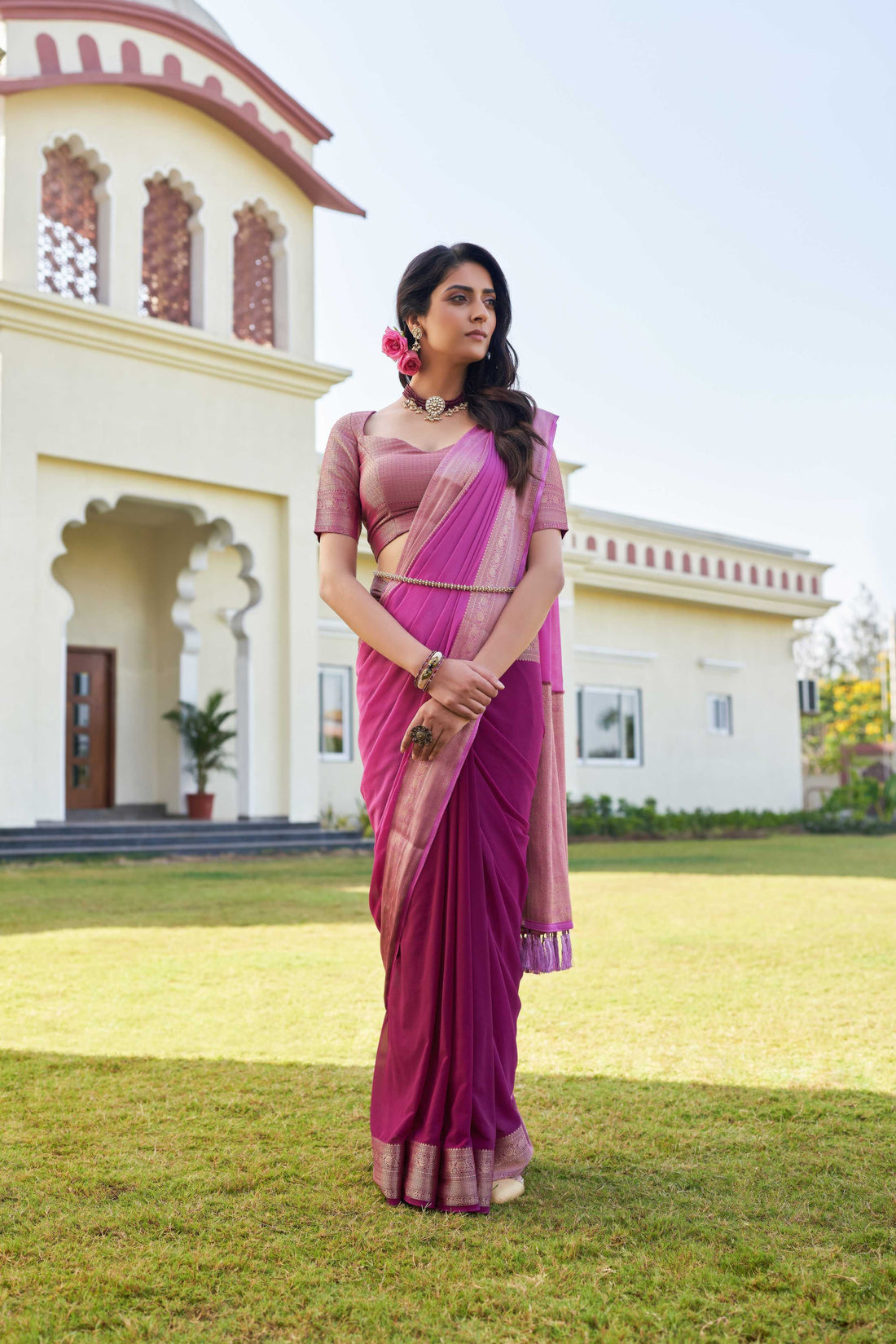 Pink & Wine Pure Georgette Saree