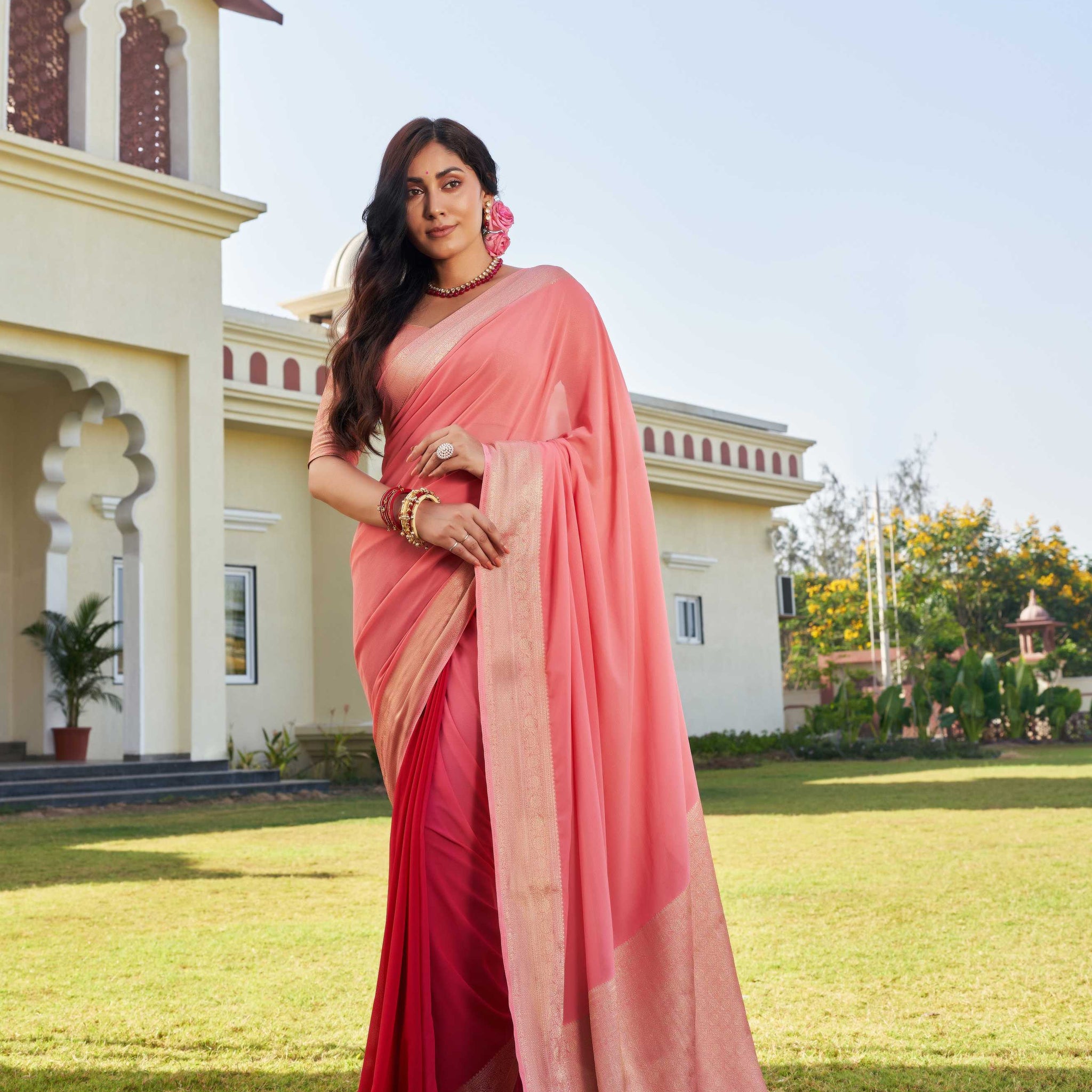 Peach & Red Pure Georgette Saree