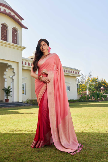 Peach & Red Pure Georgette Saree